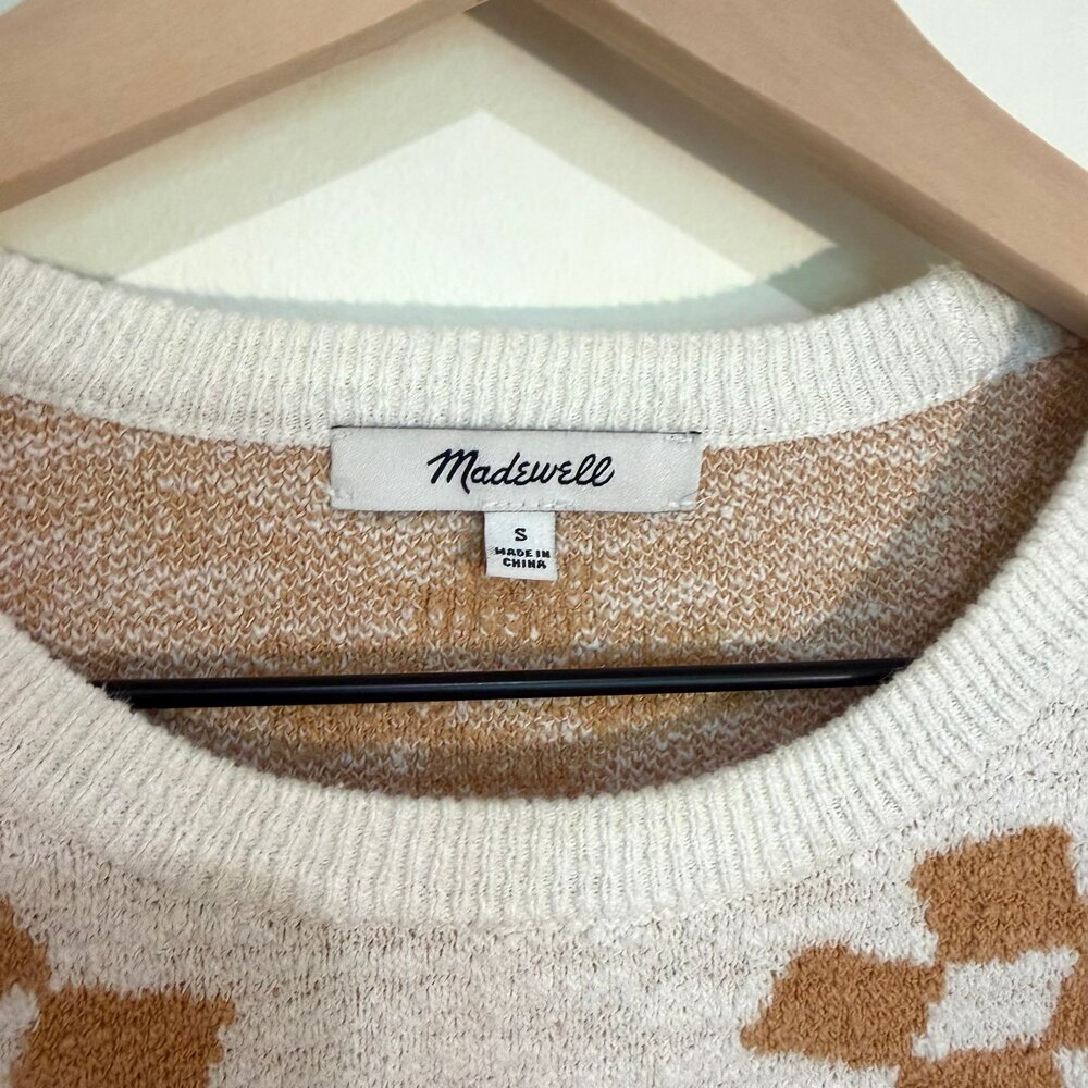 Madewell sz S Geometric Knit Sweater Cream Mustard Cotton Blend Crewneck - Picture 2 of 5